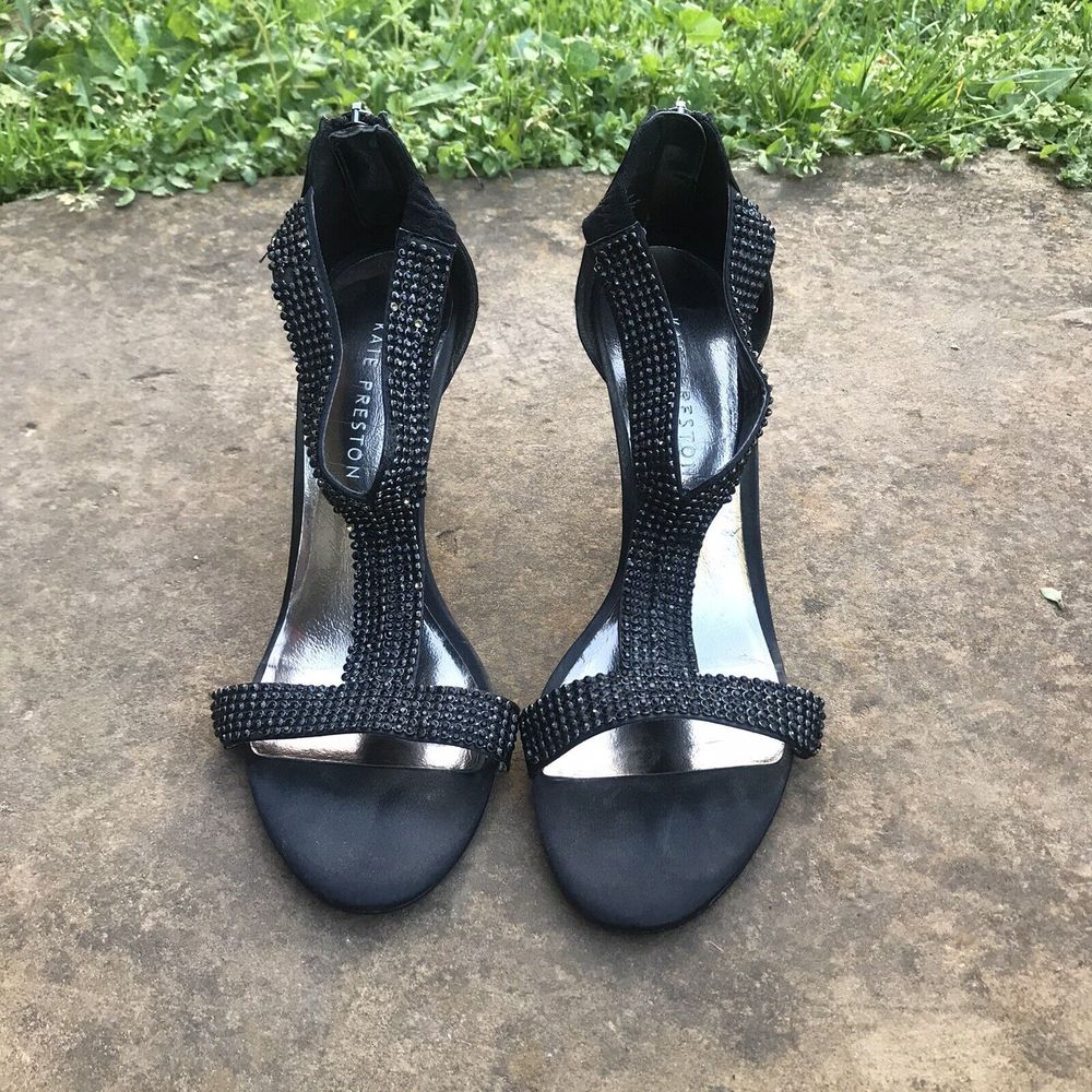 Kate Preston Black with Black Rhinestone Heels with Zip Back Sz 8.5